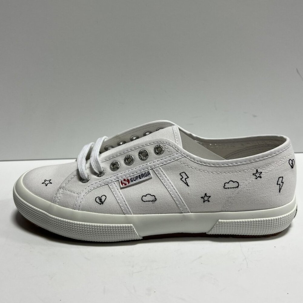 Superga White Canvas Low-Top Sneakers with Black Sketch Motifs